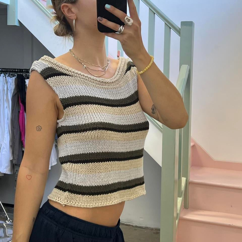 Cream striped knitted vest