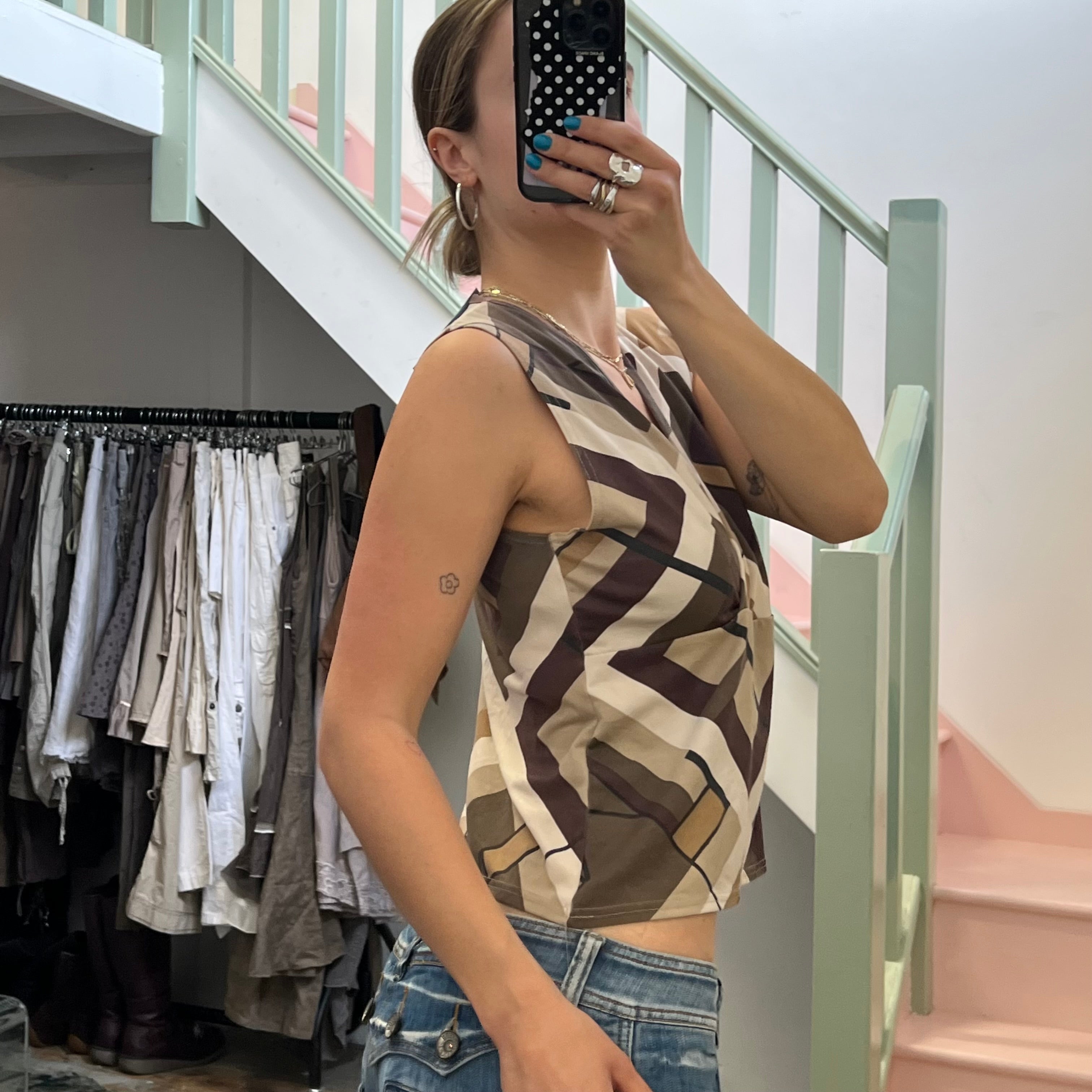 Brown and cream geo print vest
