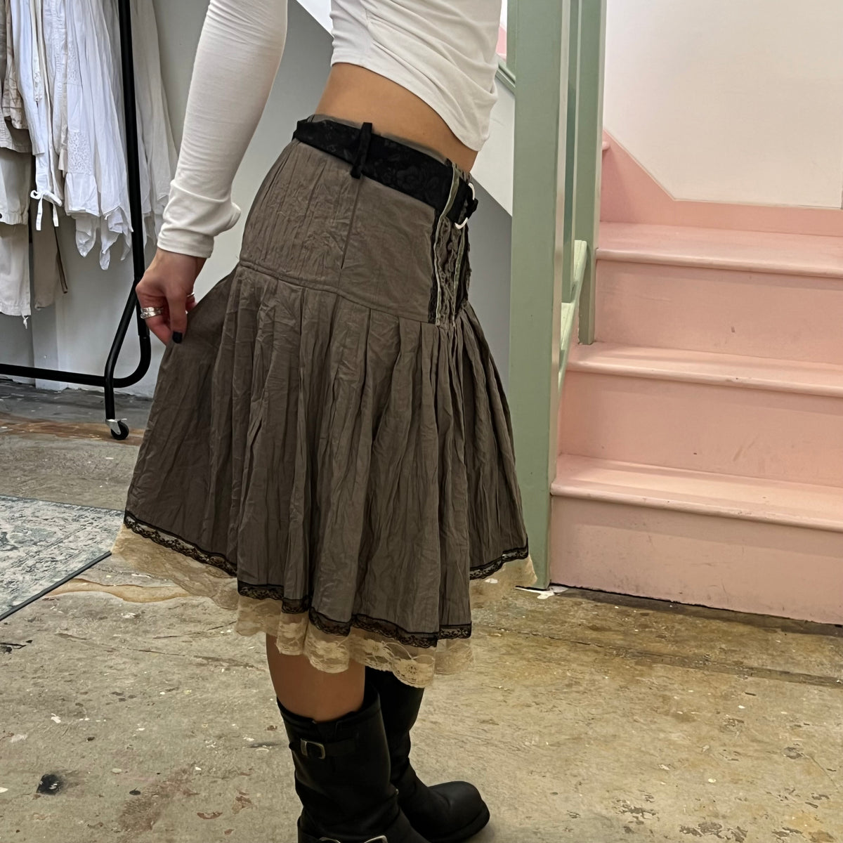 Brown crinkle lace trim belted midi skirt