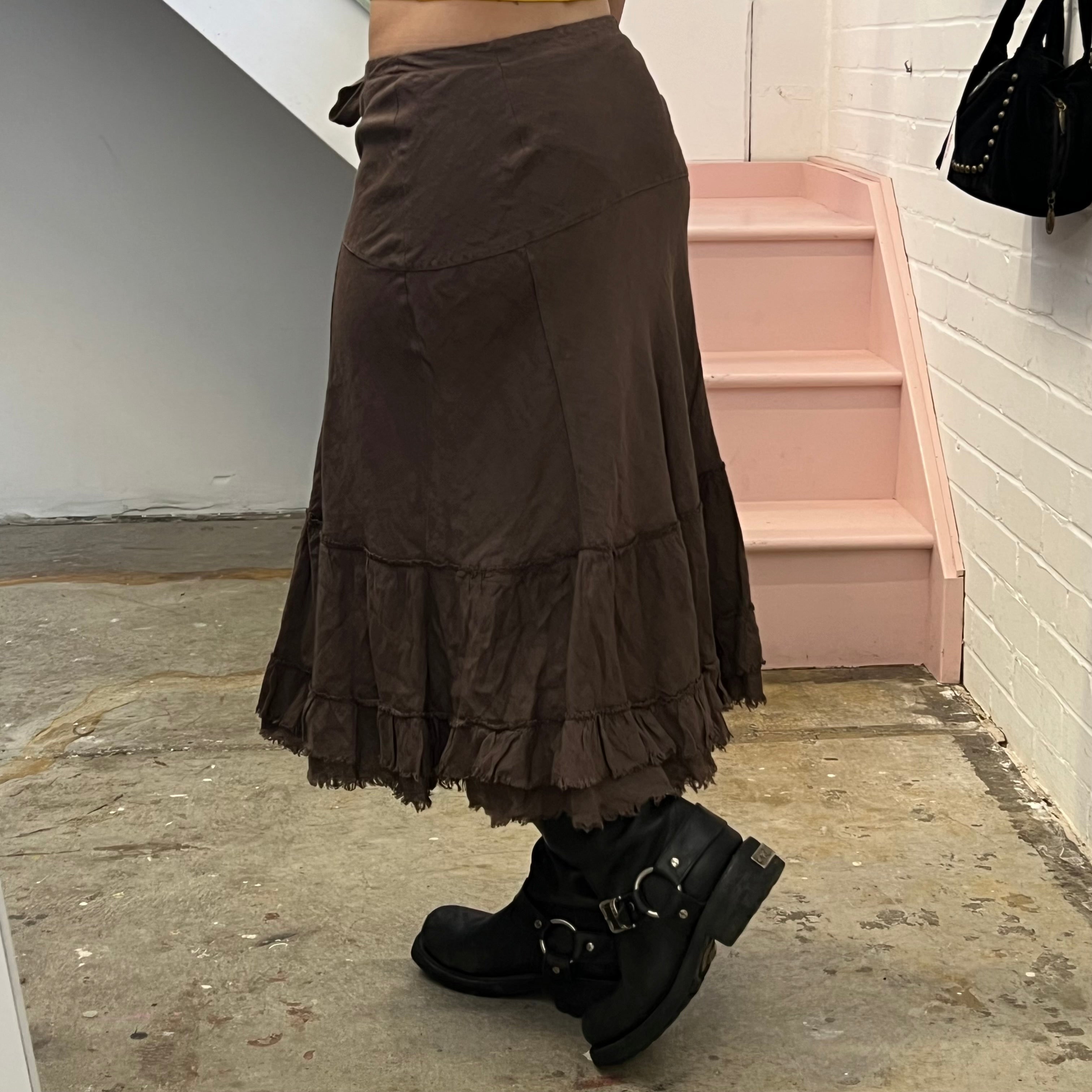 Brown linen ruffle maxi skirt