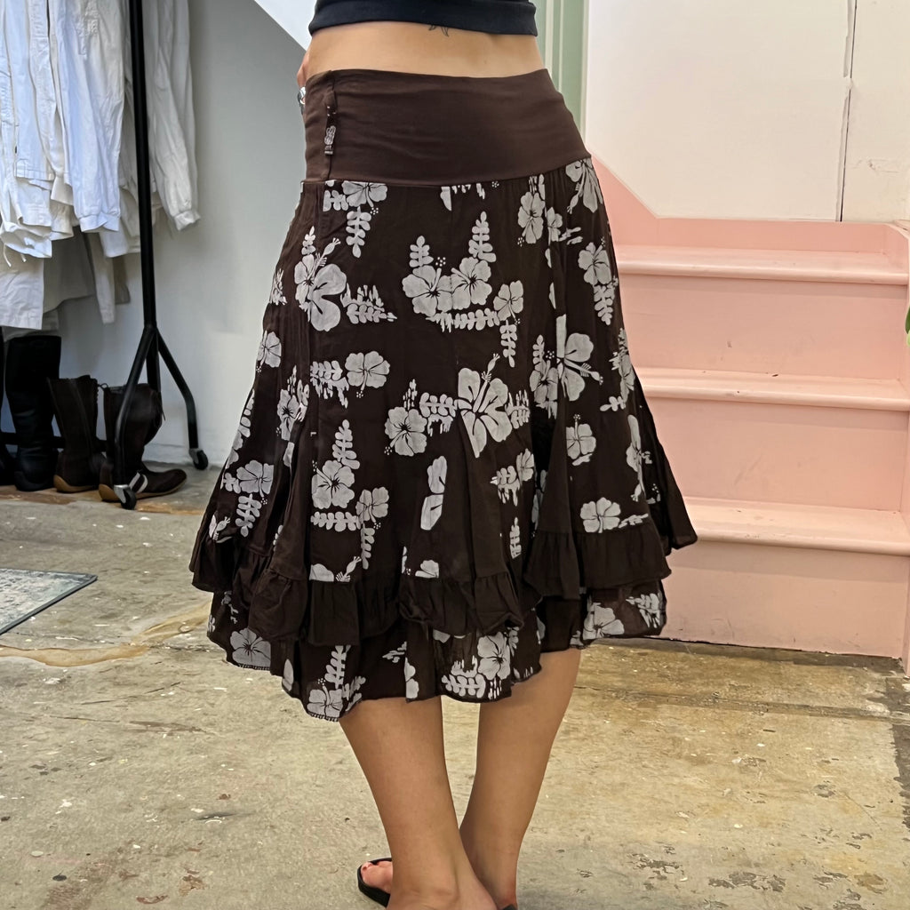 Brown and white hibiscus print floral midi skirt with foldable waist