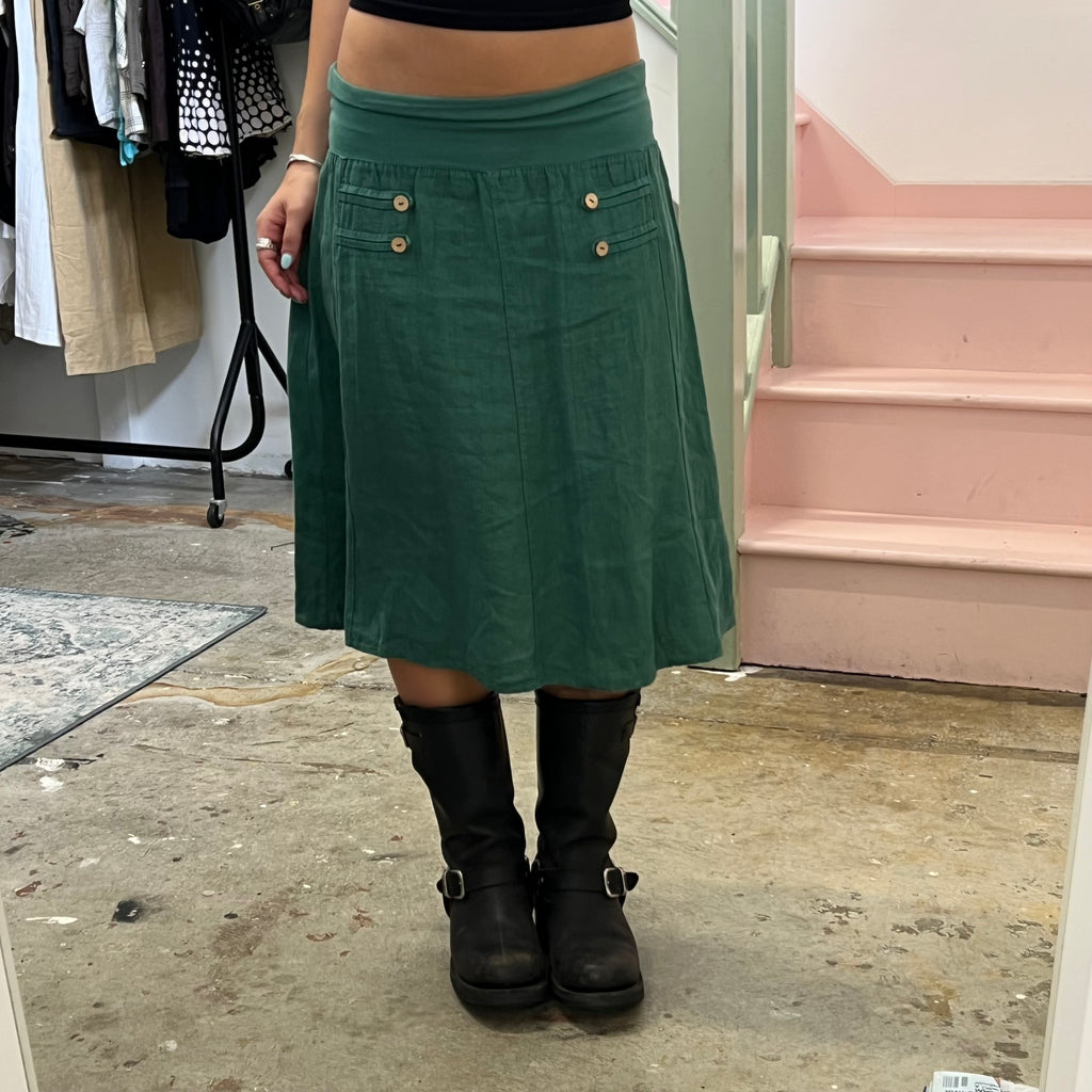 Green linen fold waist midi skirt