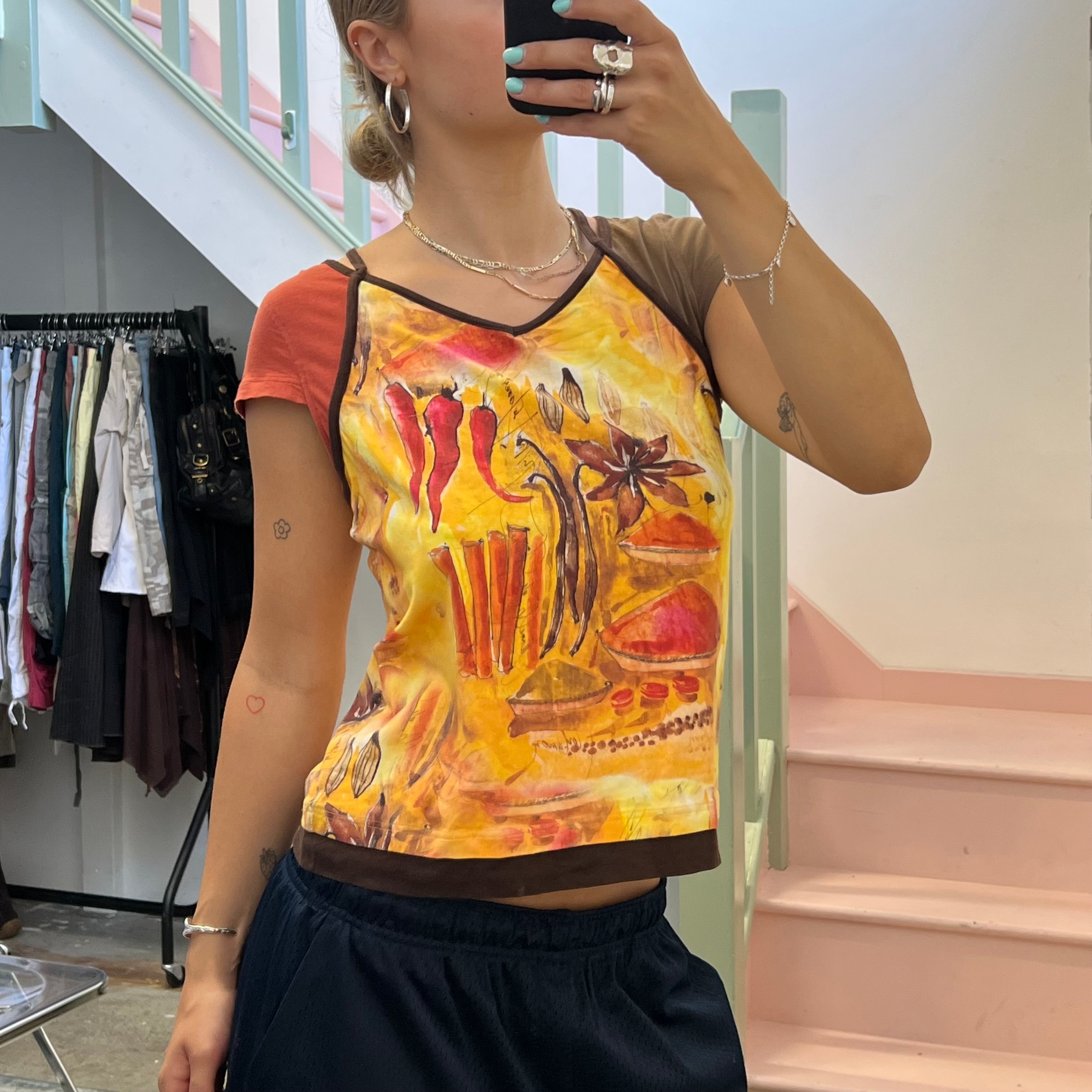Yellow and orange graphic print vintage top