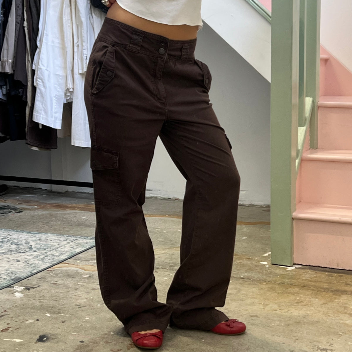 Brown wide leg baggy cargo trousers
