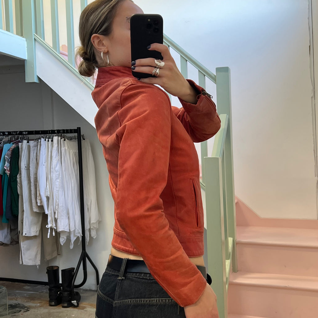 Red zip up leather jacket