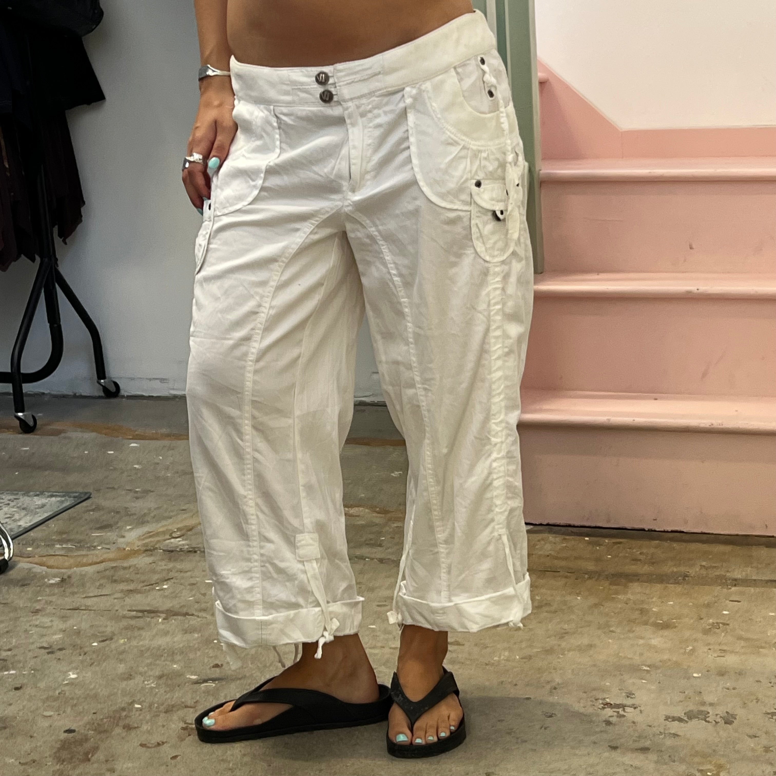 White wide leg baggy cargo capris
