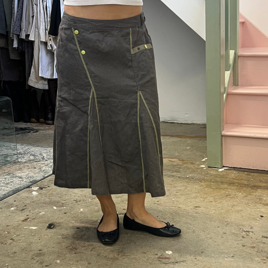 Grey linen utility maxi skirt with green contrast stitching