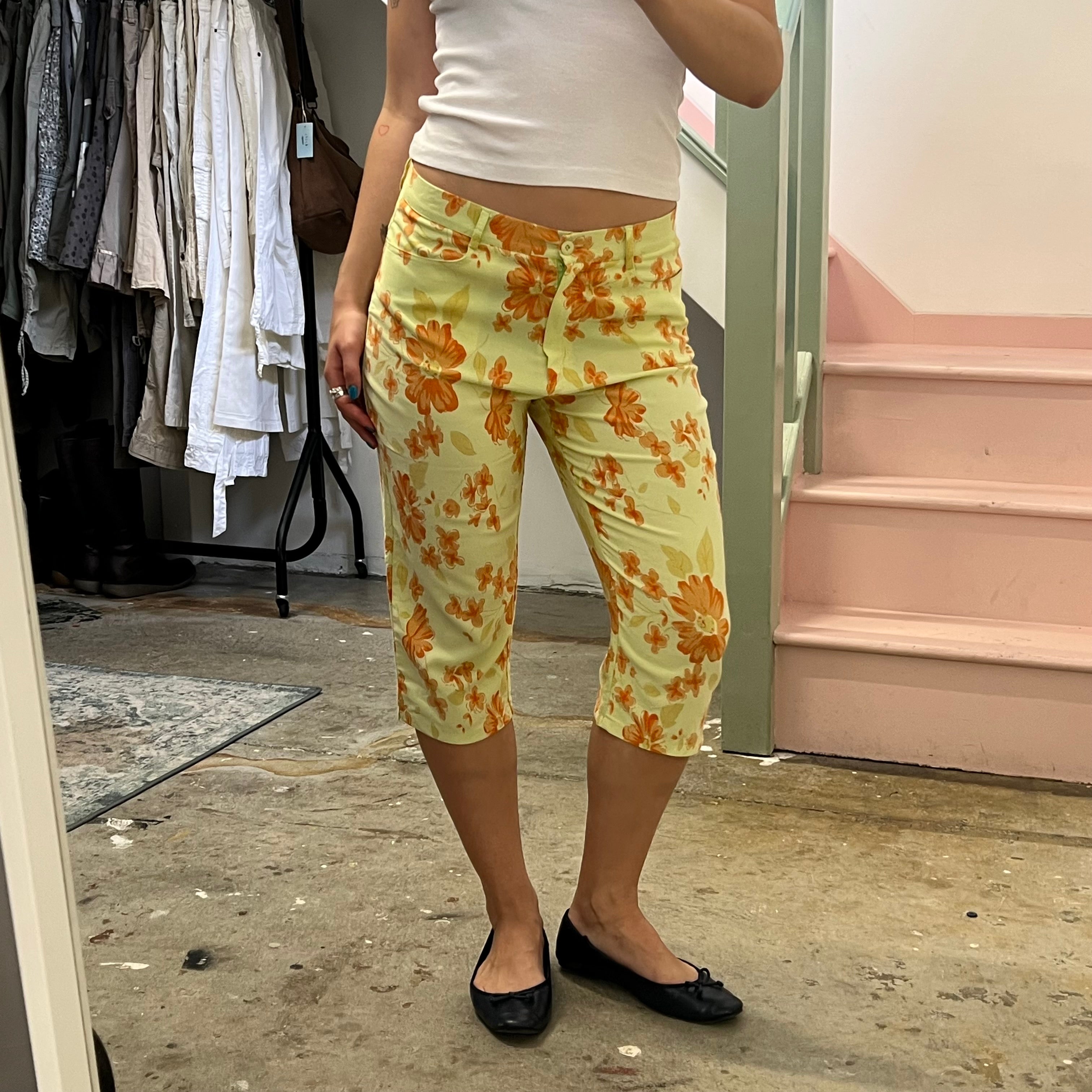 Yellow and orange floral fitted tailored capris