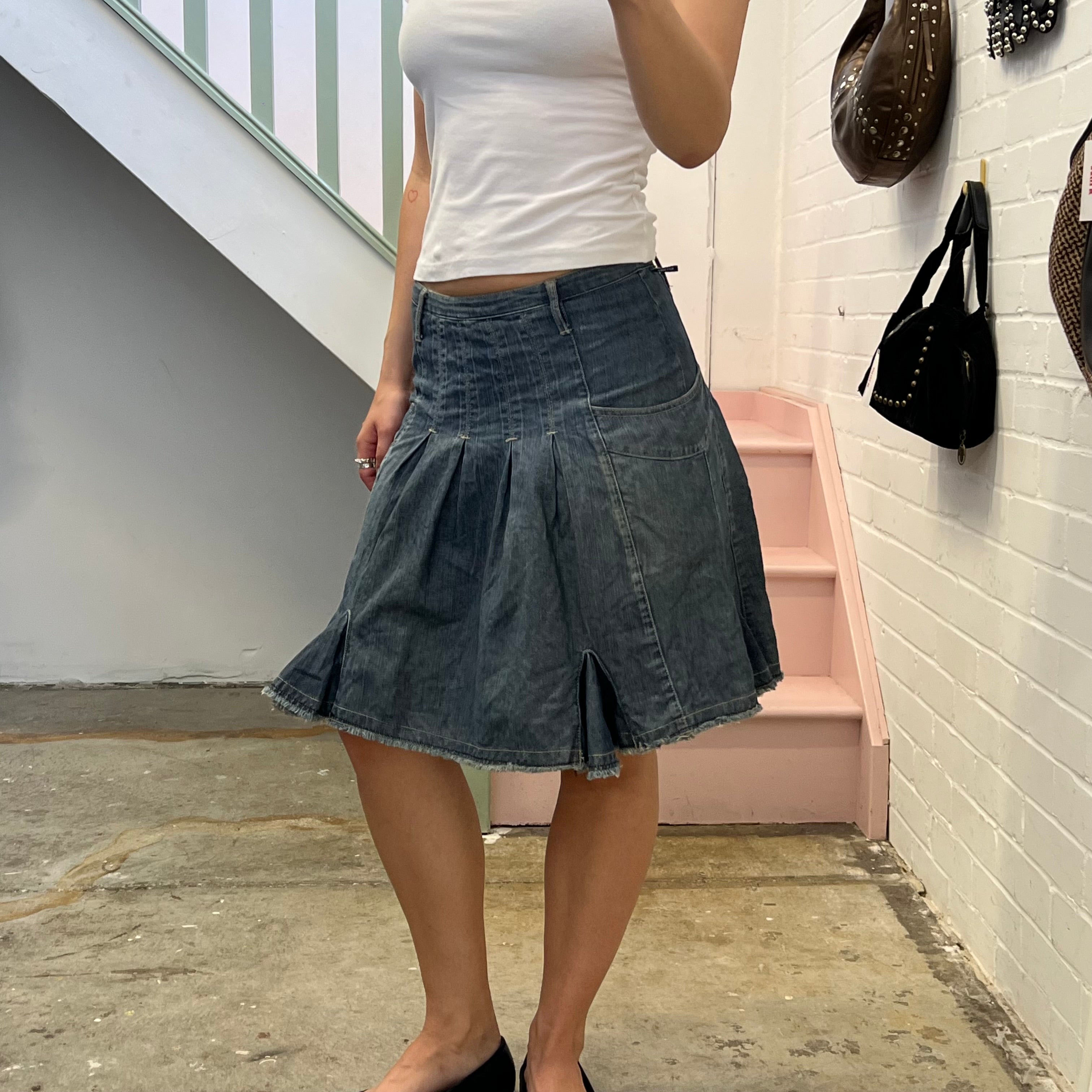 Dark denim pleated midi skirt