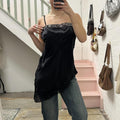 Black silk vintage asymmetrical long cami / dress perfect for layering
