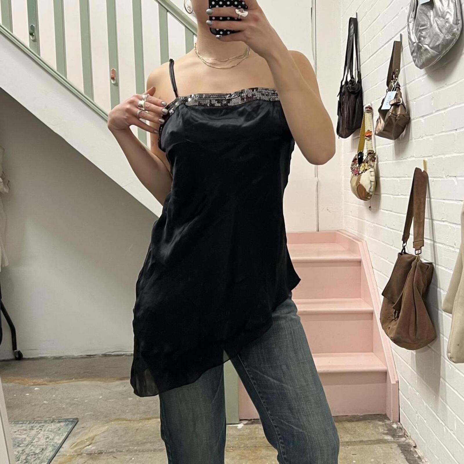 Black silk vintage asymmetrical long cami / dress perfect for layering