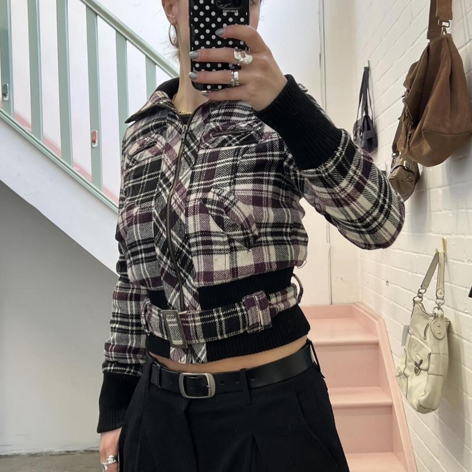 purple and white check wool zip up bomber jacket with belted waist
