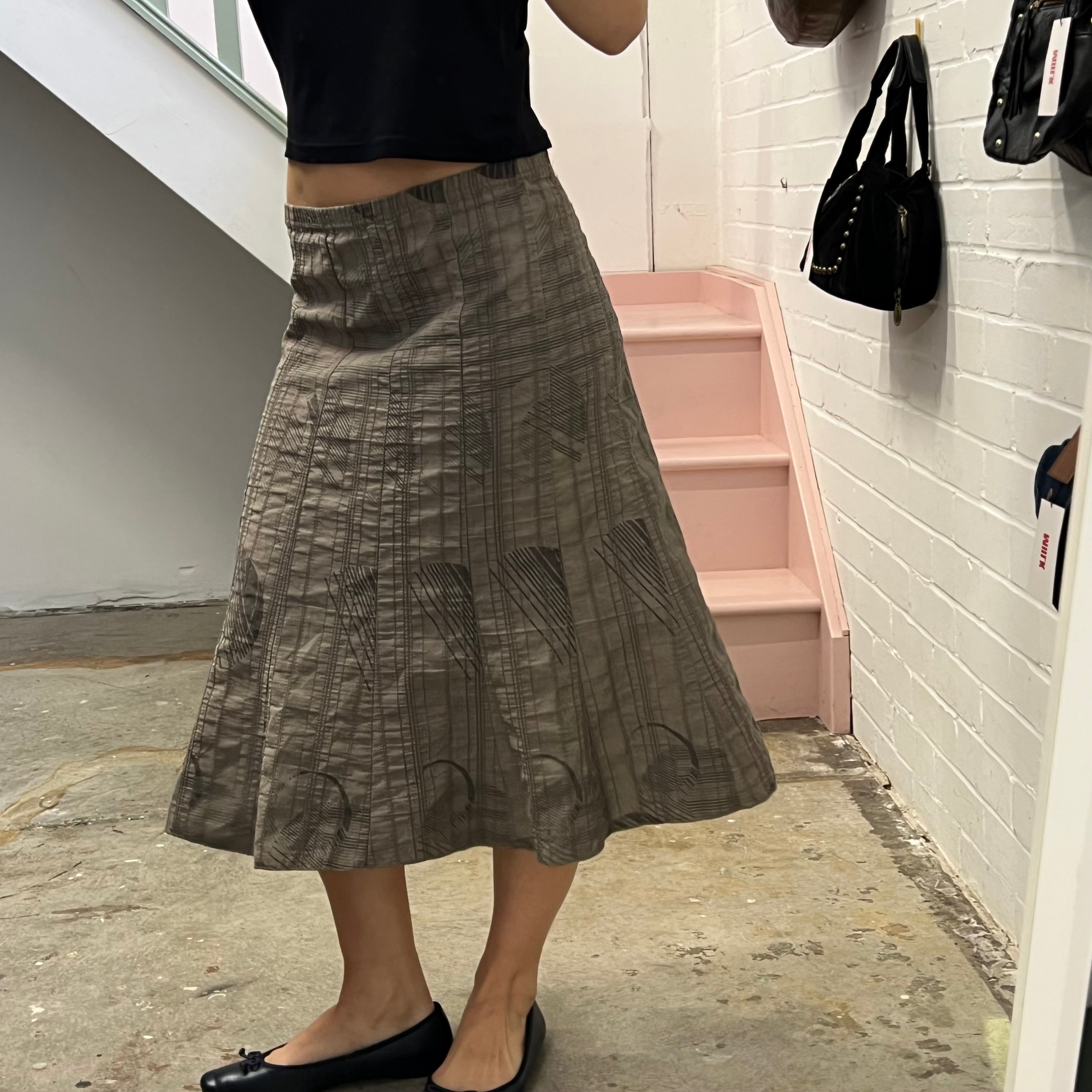 Grey polka dot geo print crinkle floaty midi skirt