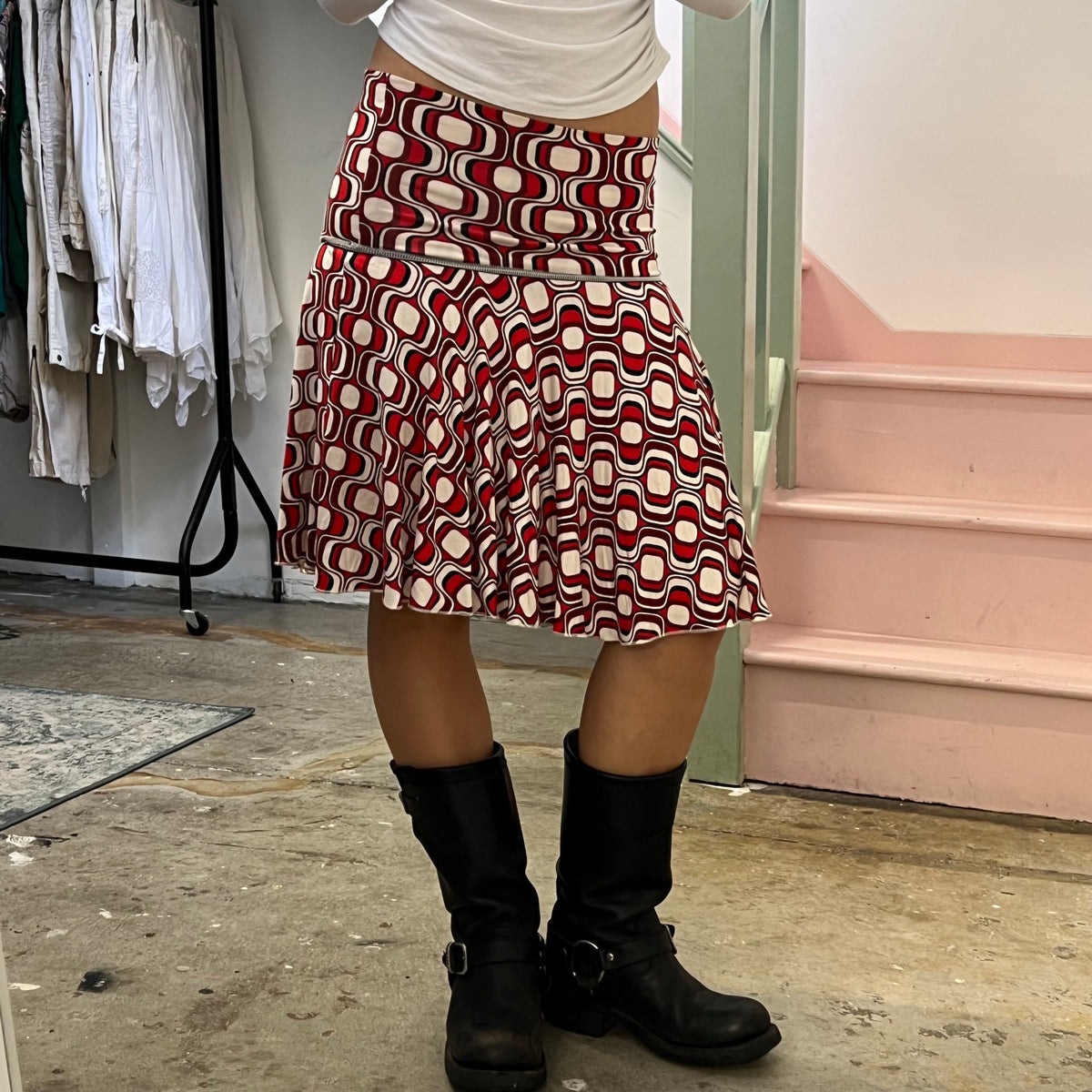 Pimkie red geo print drop waist skirt