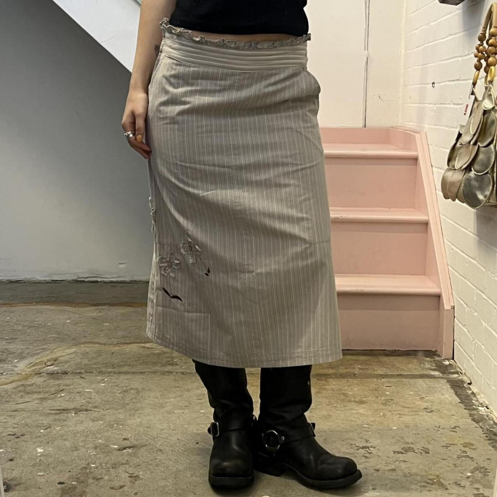 cream and grey pinstripe vintage maxi skirt with floral embroidery