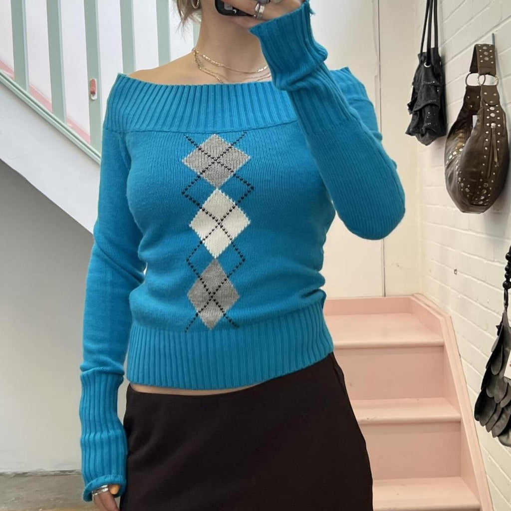 Blue turquoise off shoulder argyle style long sleeve knit