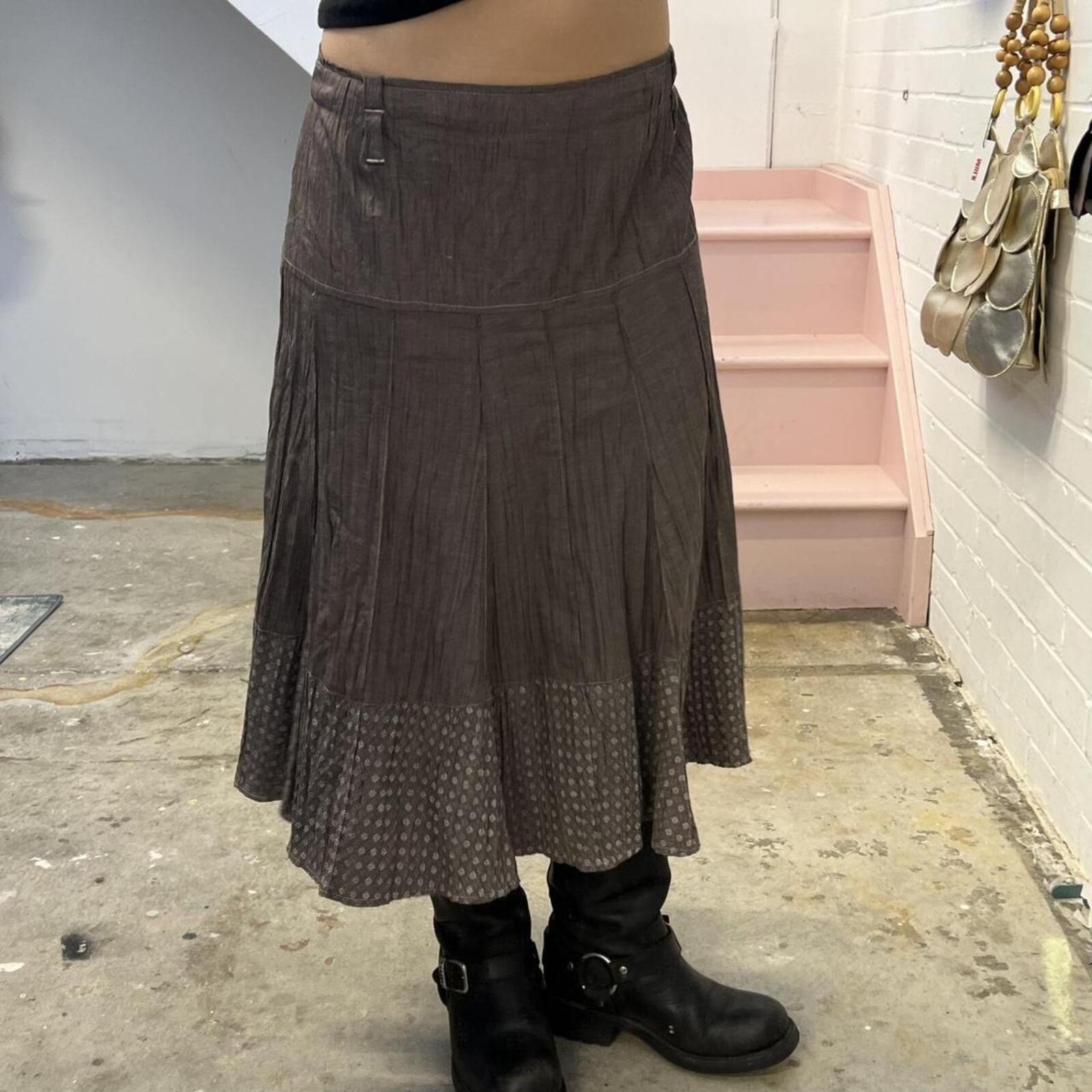 Brown crinkle vintage utility style maxi skirt