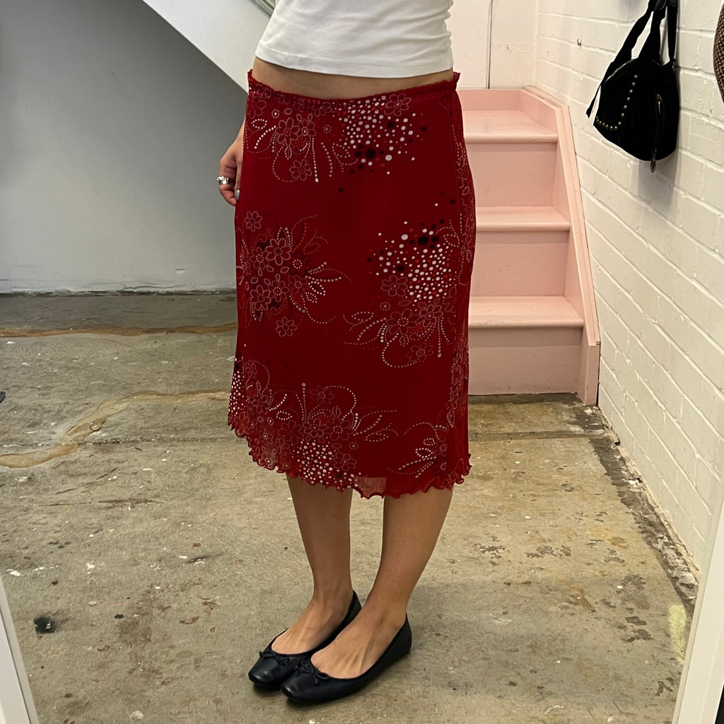 Red floral mesh midi skirt