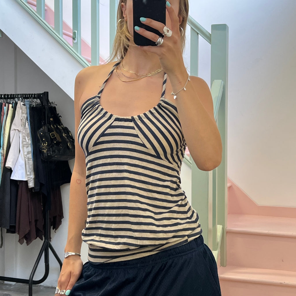 Navy and cream striped slouchy halter neck top