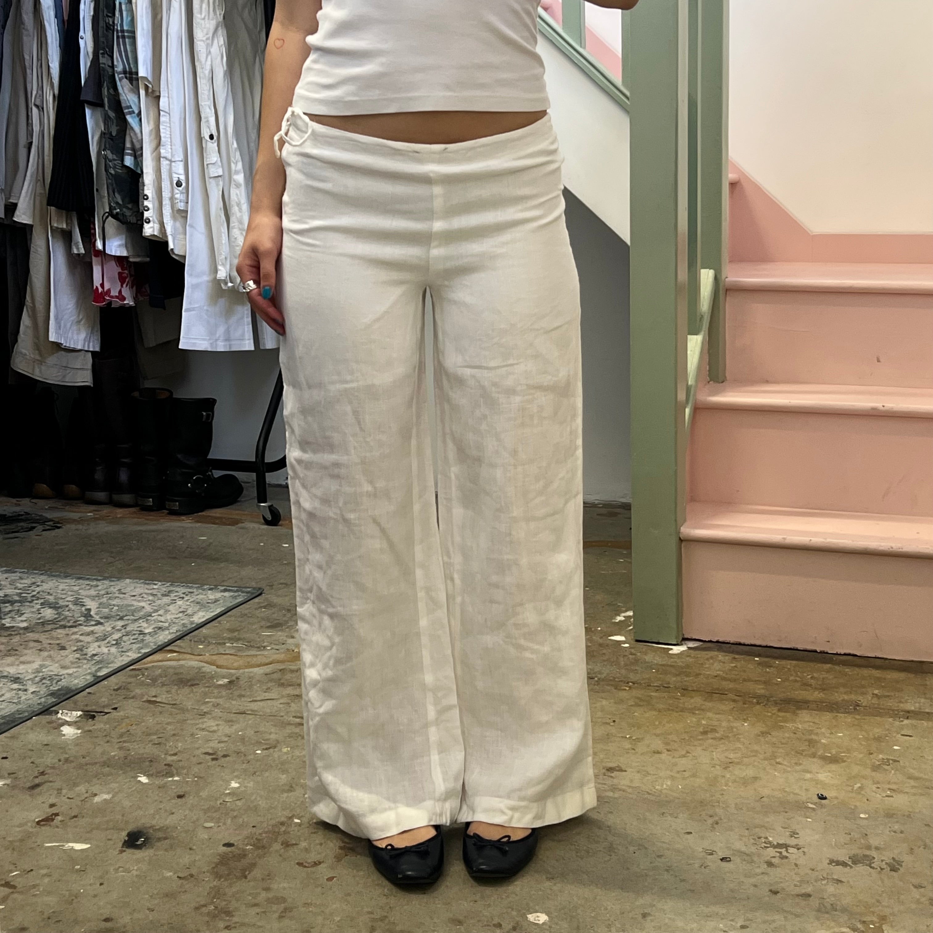 White wide leg low rise linen trousers