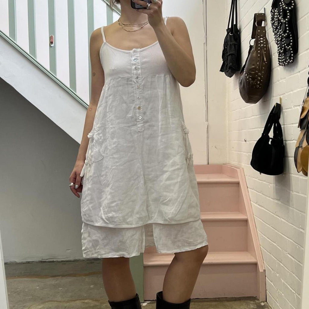 Italian vintage white linen bubble layered utility style midi dress