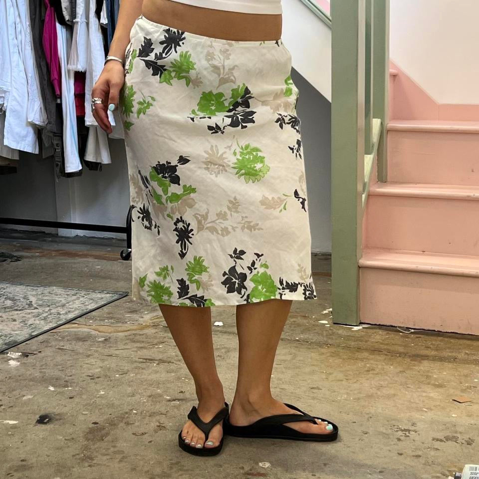 White and green floral midi skirt