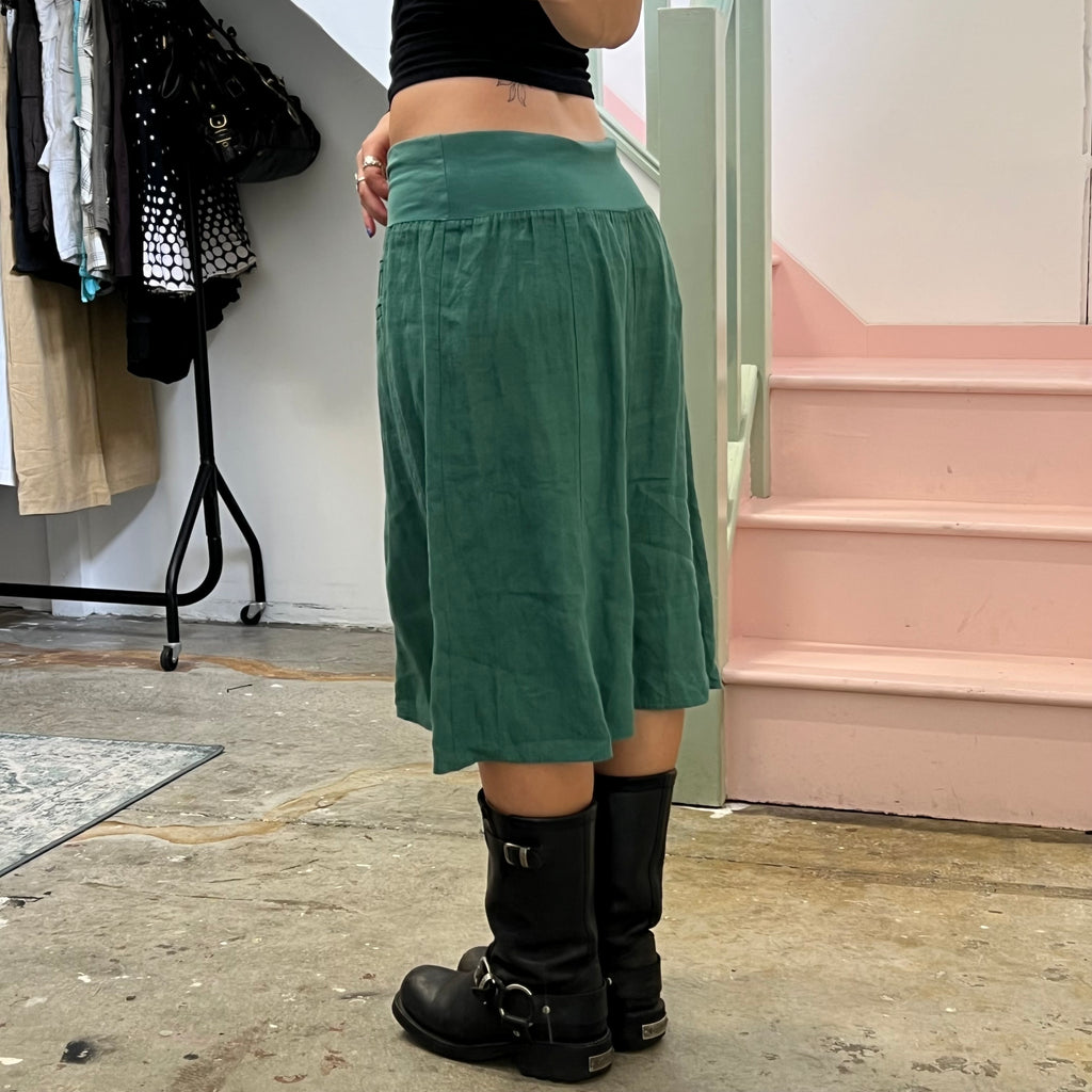 Green linen fold waist midi skirt