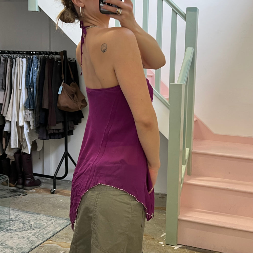 Fuchsia halterneck asymmetrical beaded floaty blouse