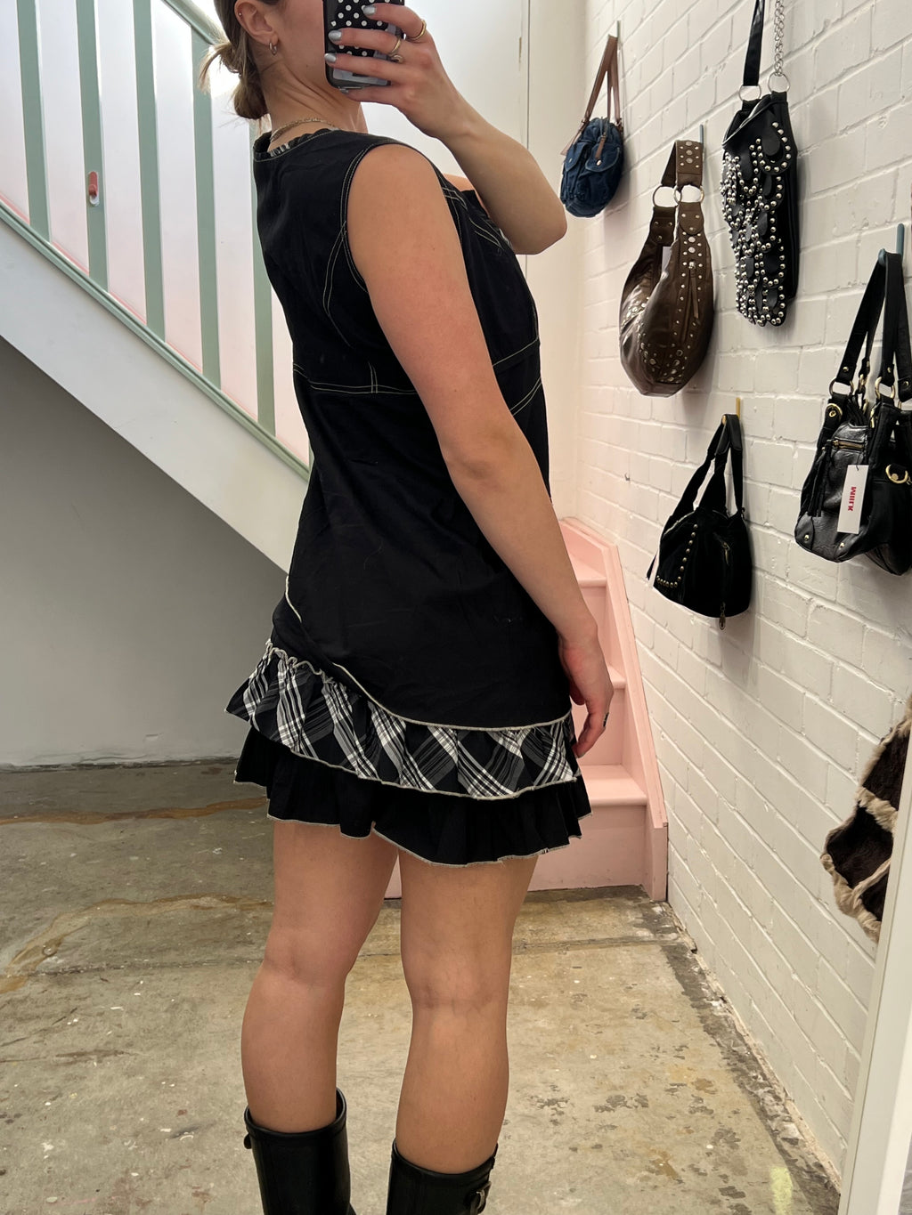Black and grey layered checkered utility style mini dress
