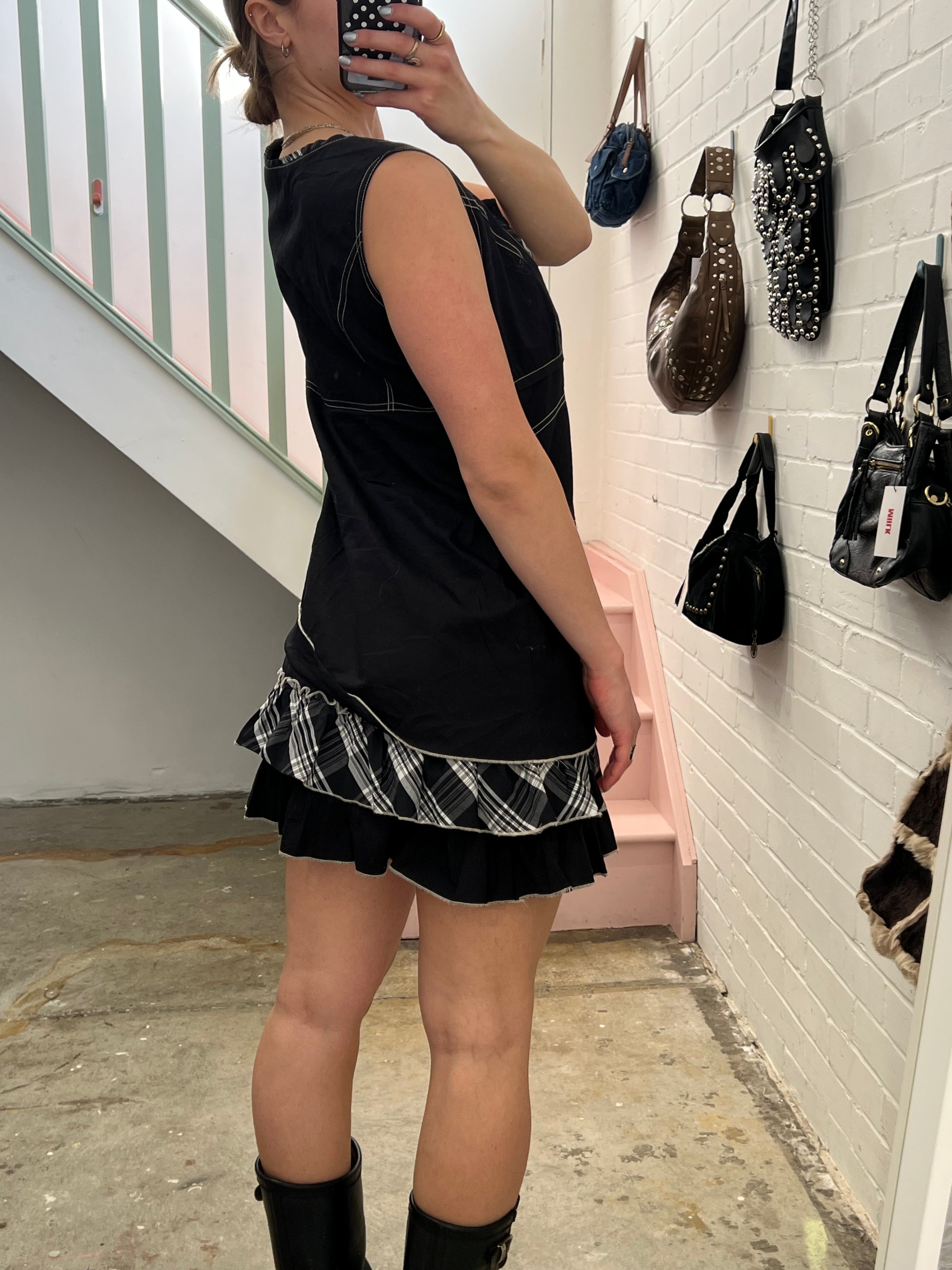 Black and grey layered checkered utility style mini dress