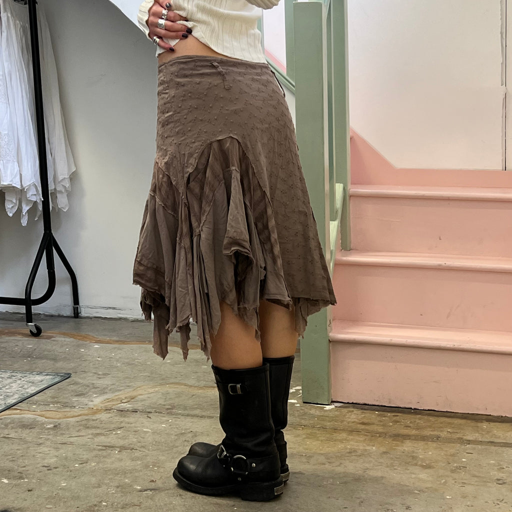 Brown ruffle patchwork asymmetrical midi skirt
