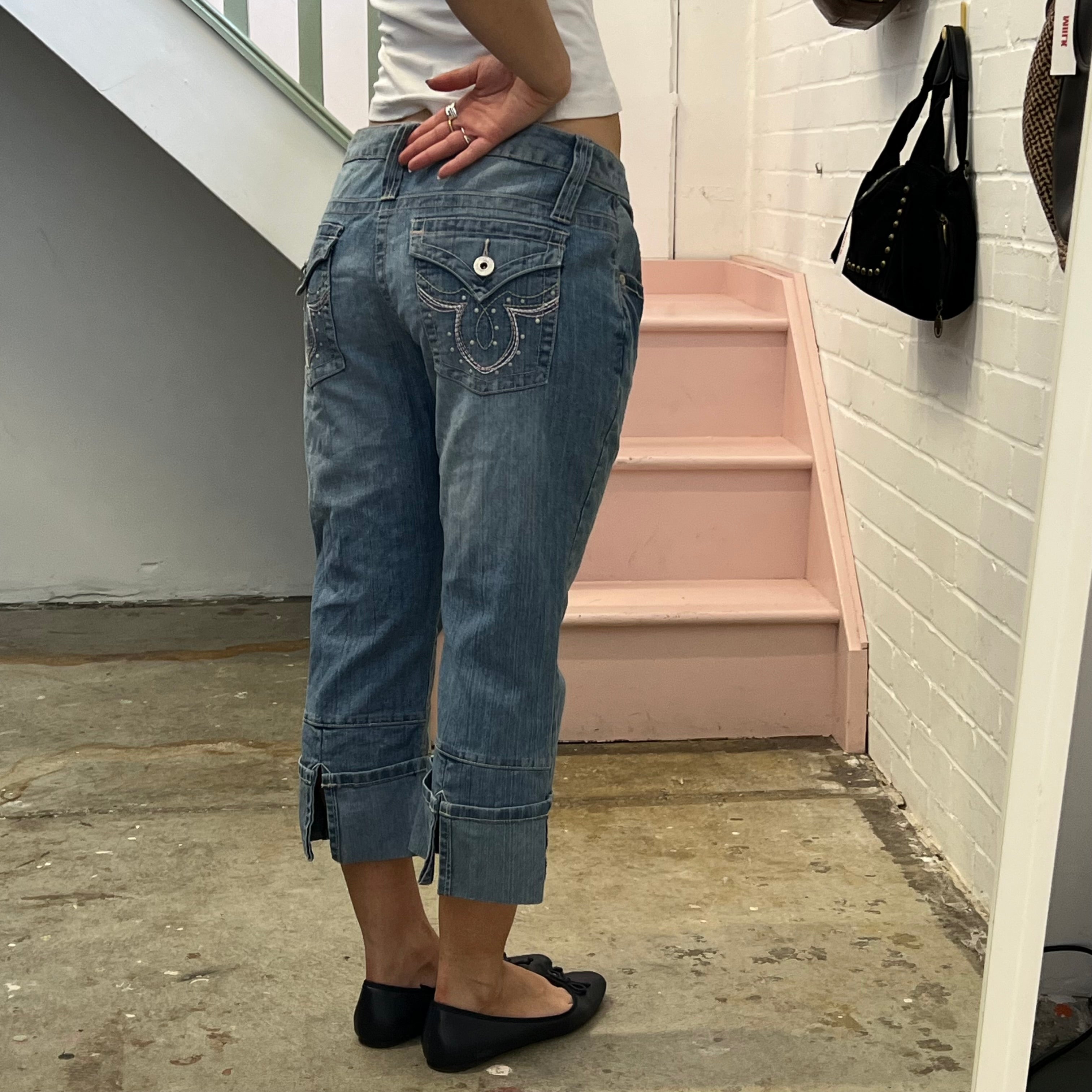 Light wash denim fold hem capris