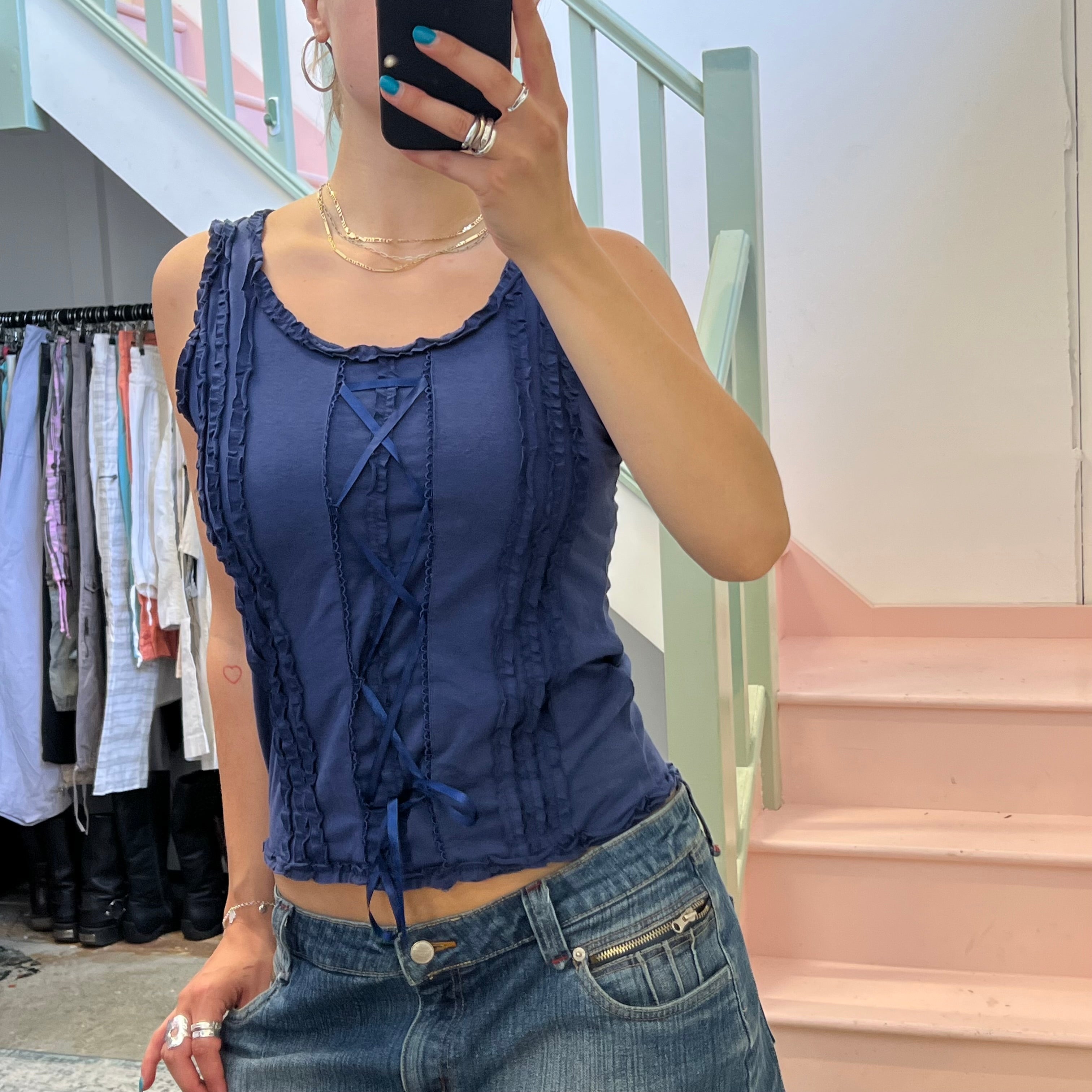 Navy lace up vest top