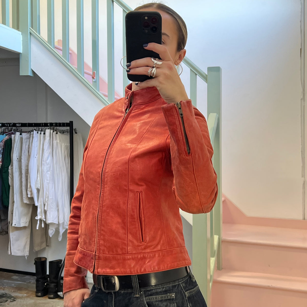 Red zip up leather jacket