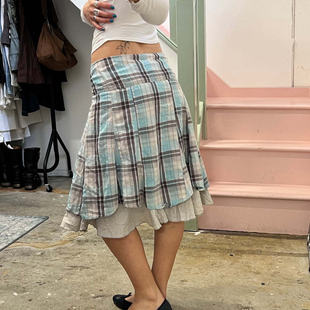 Cache blue and brown checkered layered midi skirt