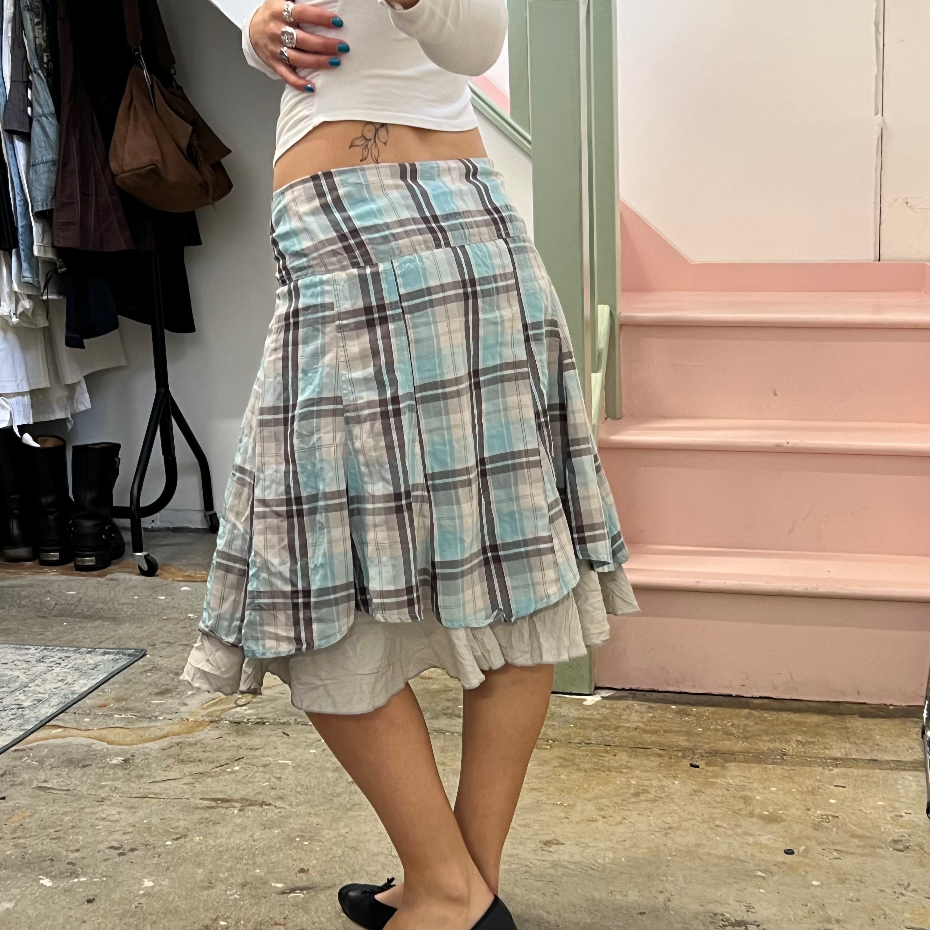 Cache blue and brown checkered layered midi skirt