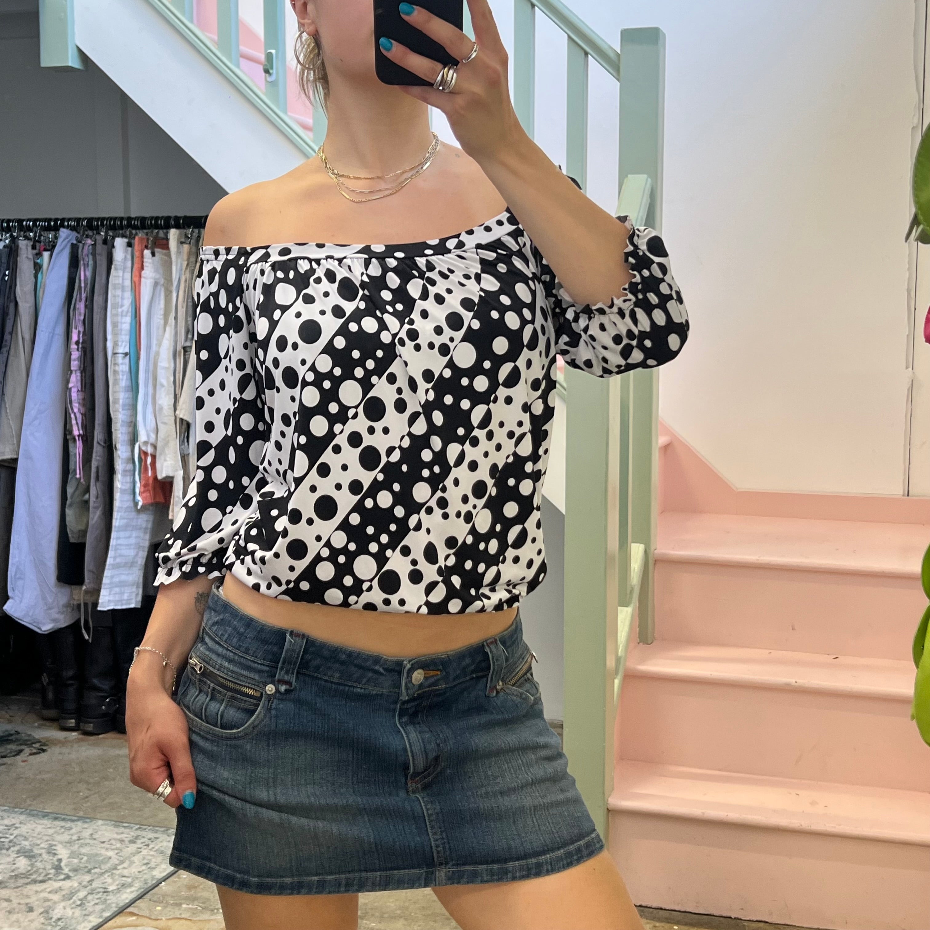 Black and white polka dot off shoulder top