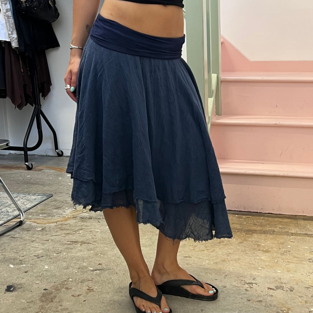 Navy layered asymmetrical fold waist midi skirt