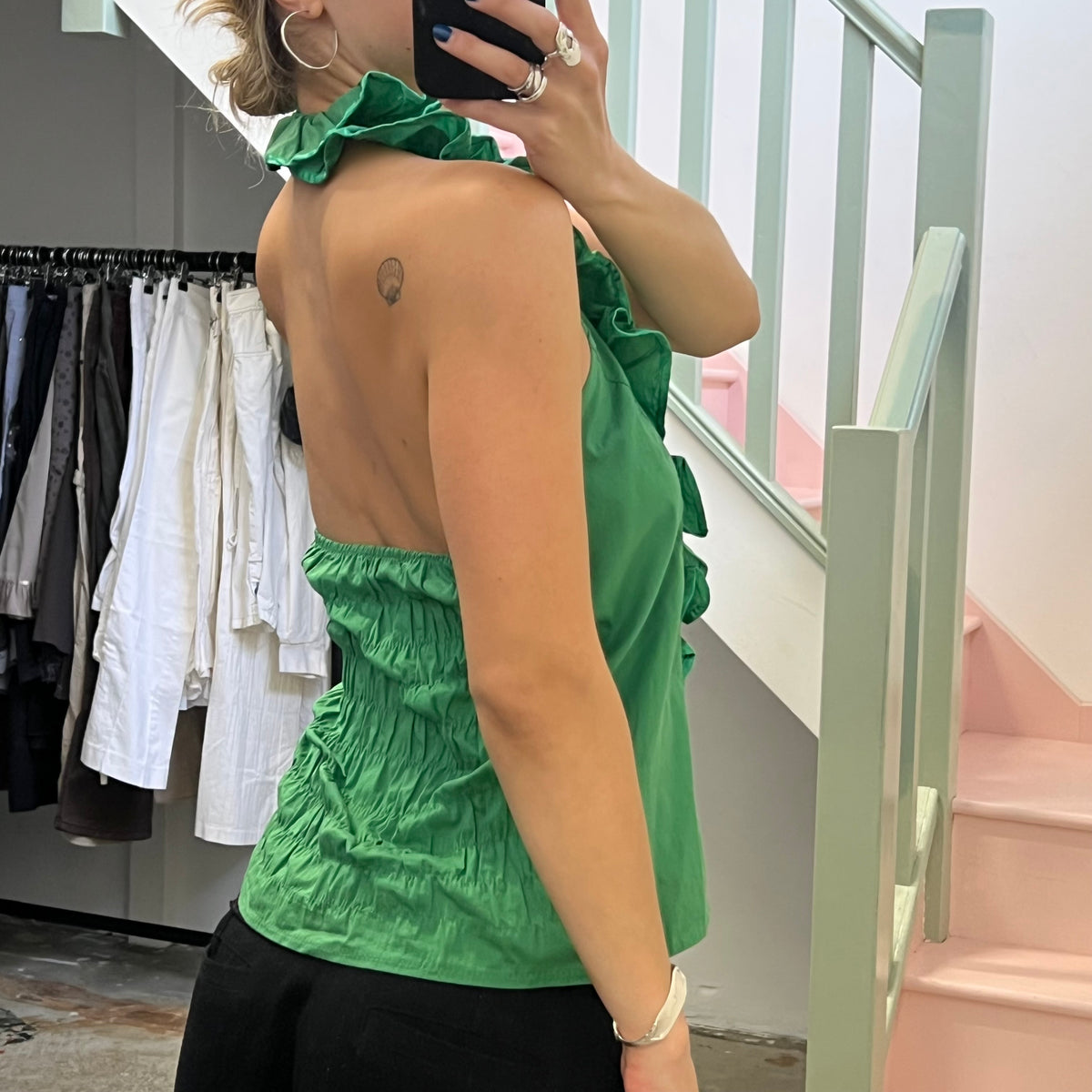 Green ruffle halter vest