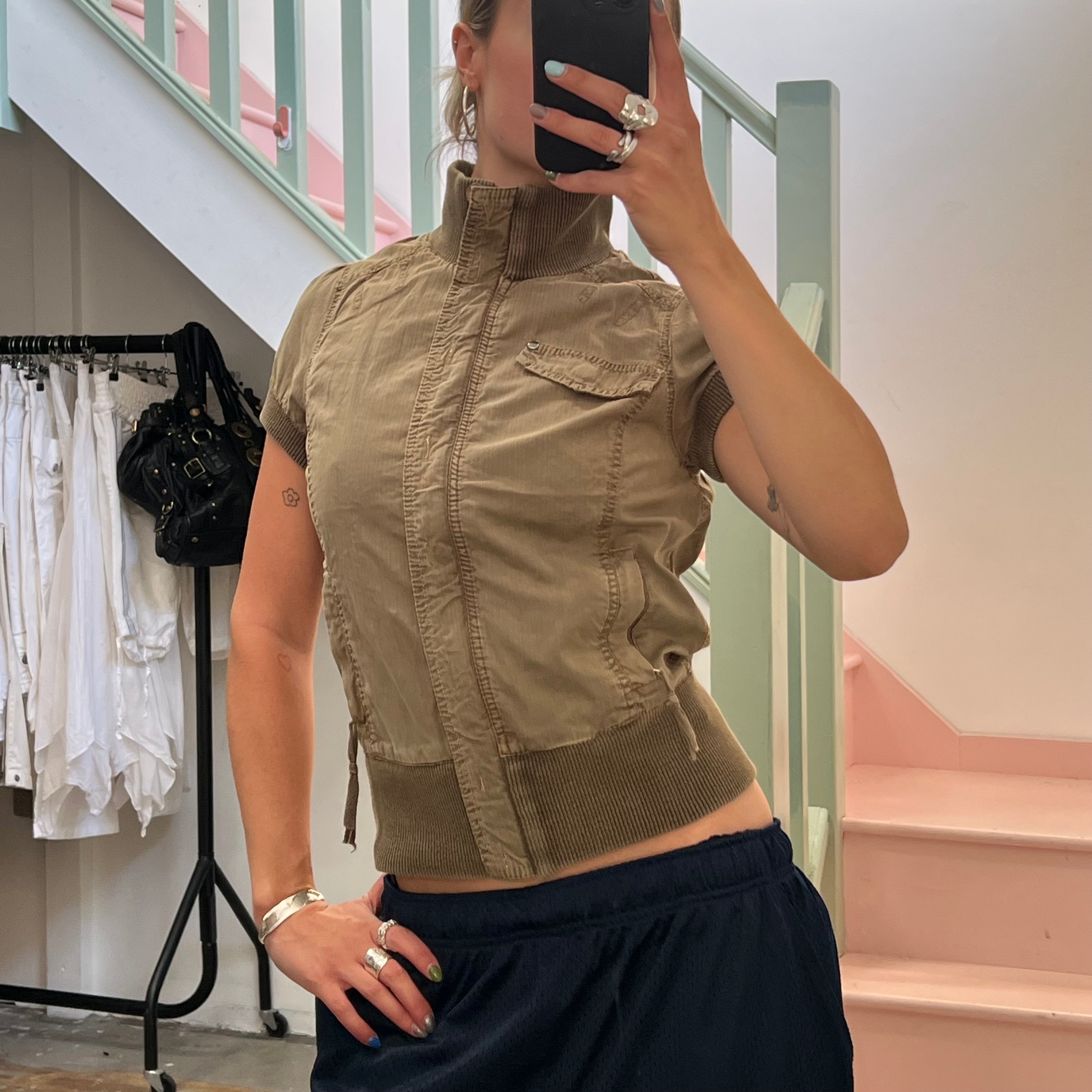 Khaki short sleeve utility bomber jacket