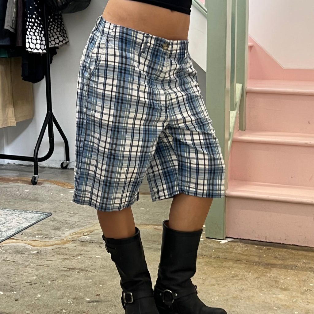 Blue and white checkered baggy shorts