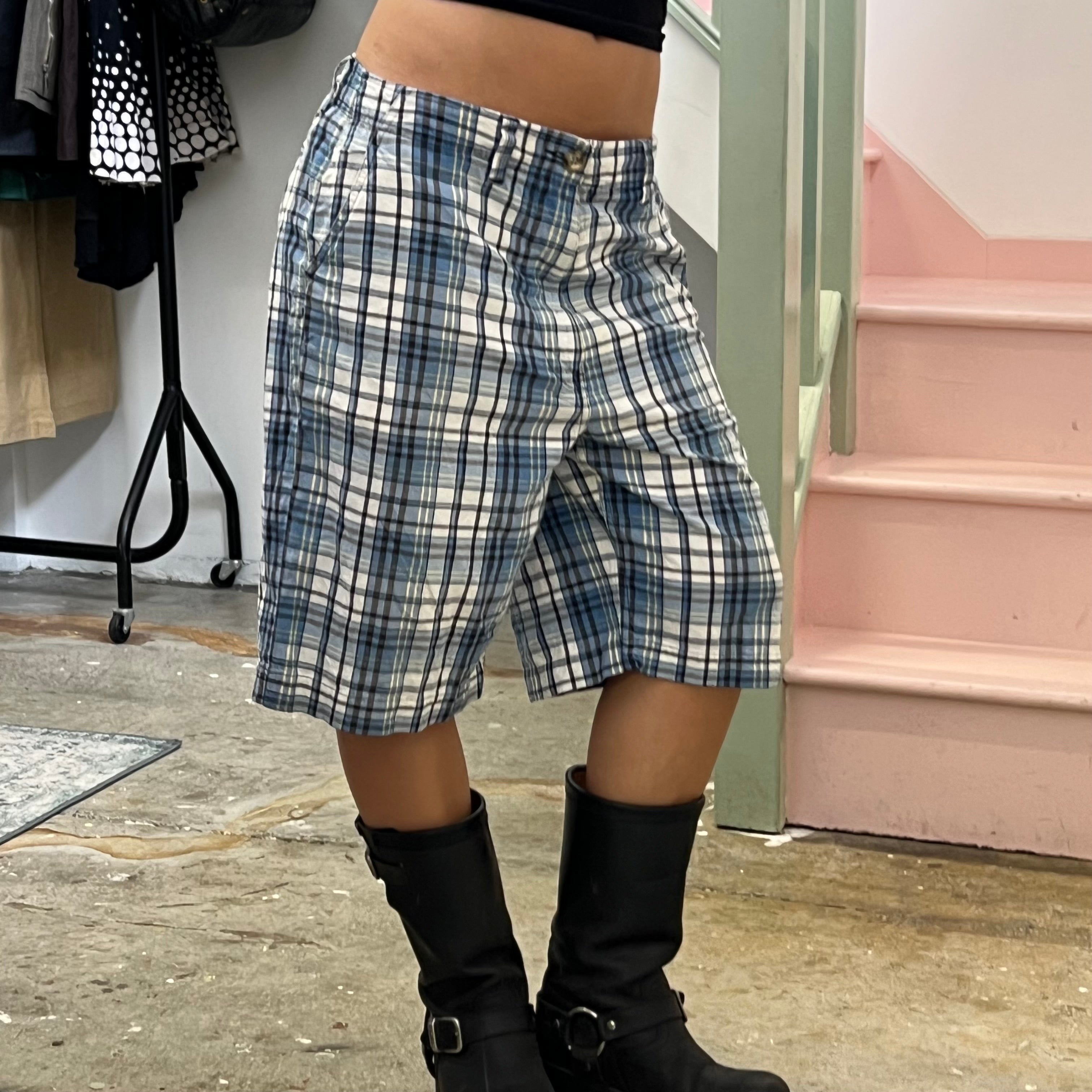 Blue and white checkered baggy shorts