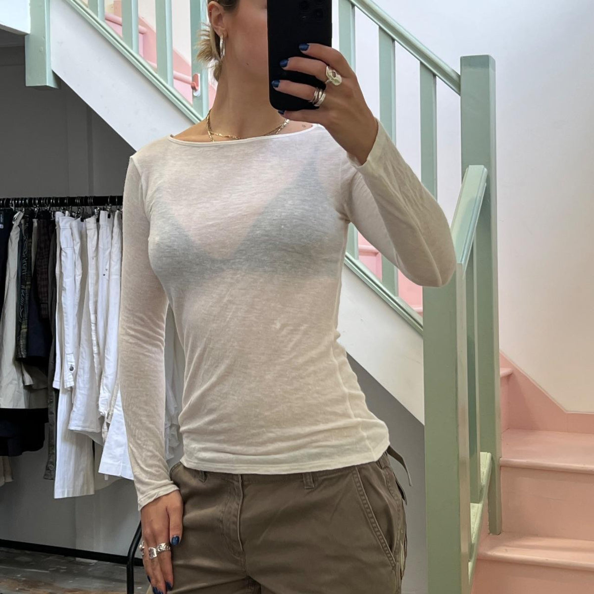 White cotton fitted boat neck top