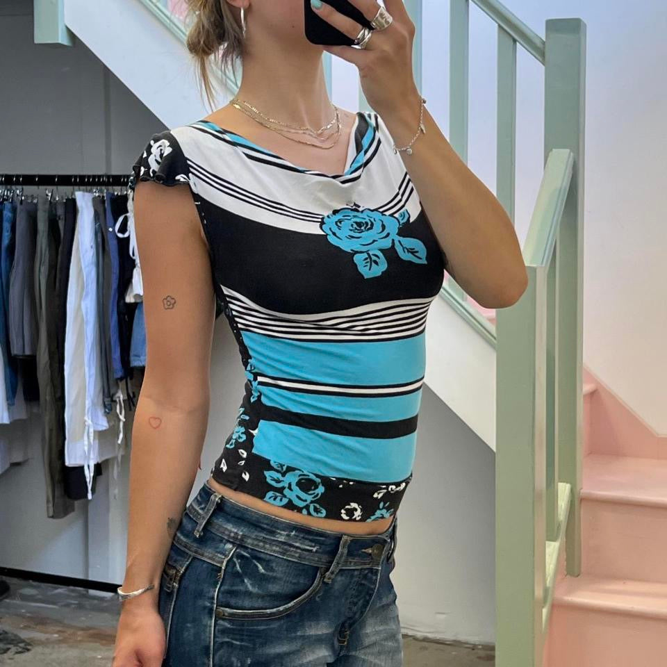 Blue floral printed boat neck top