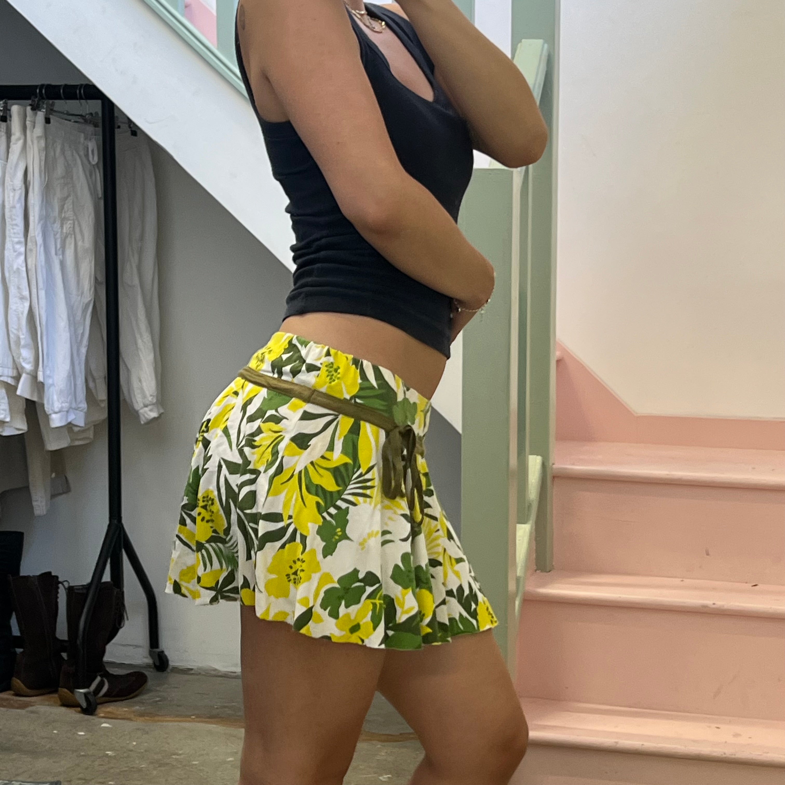 Yellow and green floral low rise mini skirt