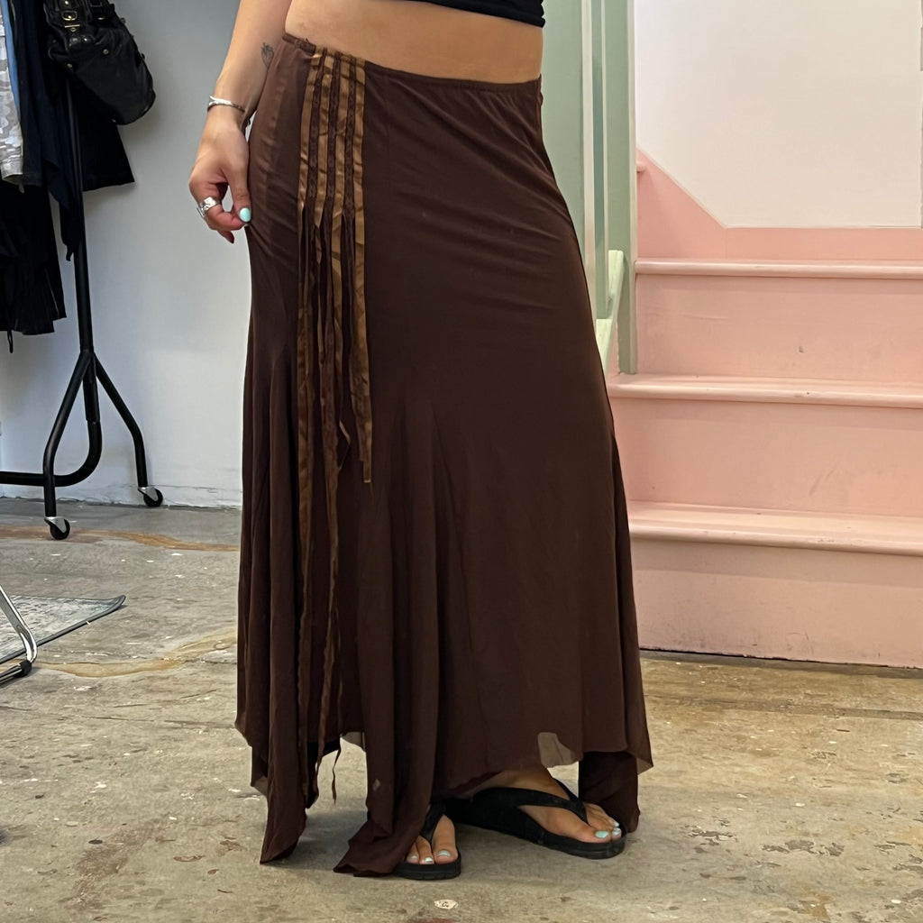 Brown slinky asymmetrical maxi skirt