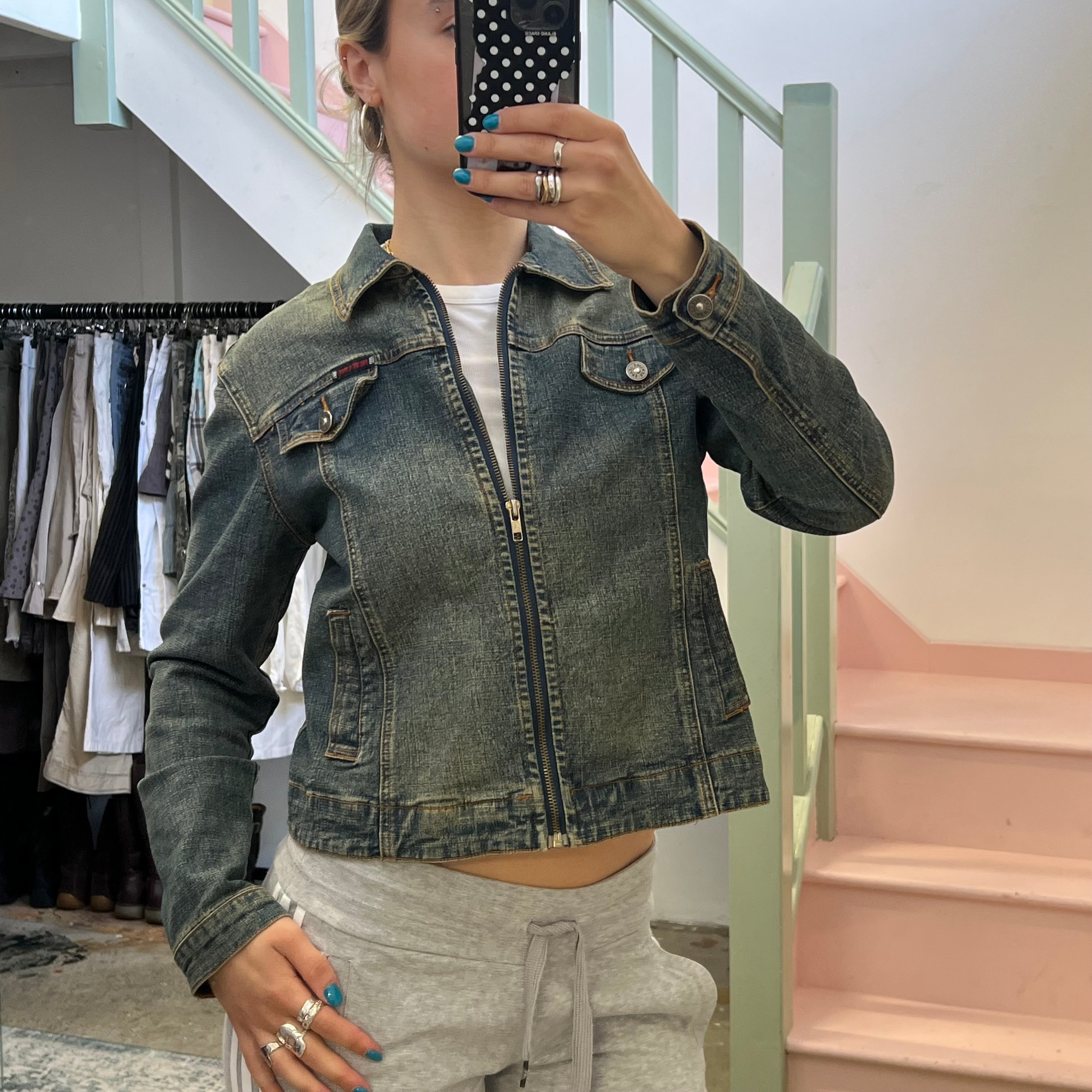 Acid wash zip up denim jacket