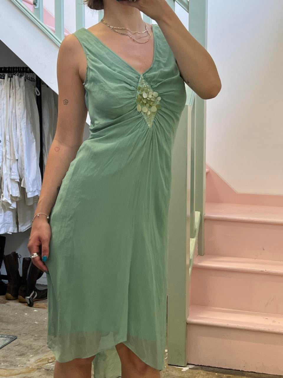 Teal silk sequin midi dress