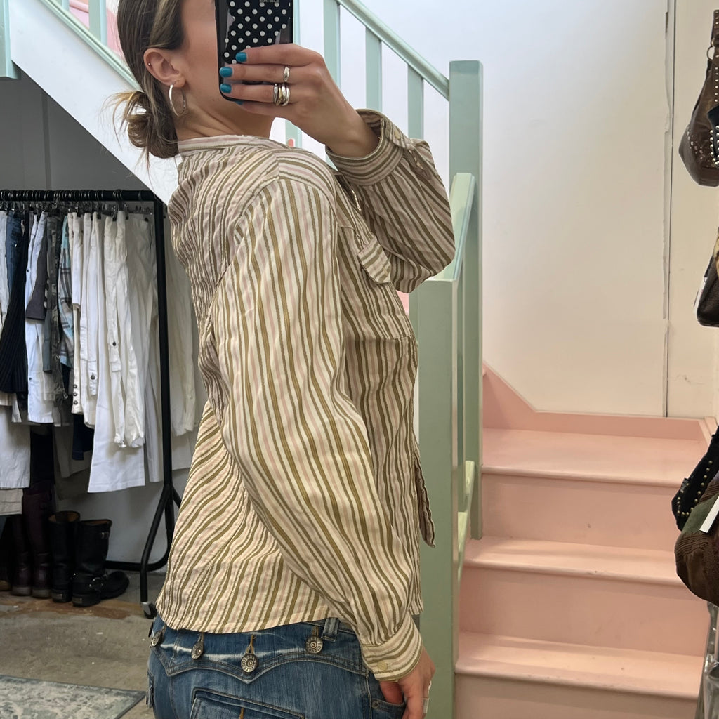 Pink and khaki stripe shirt with hook and eye clasps
