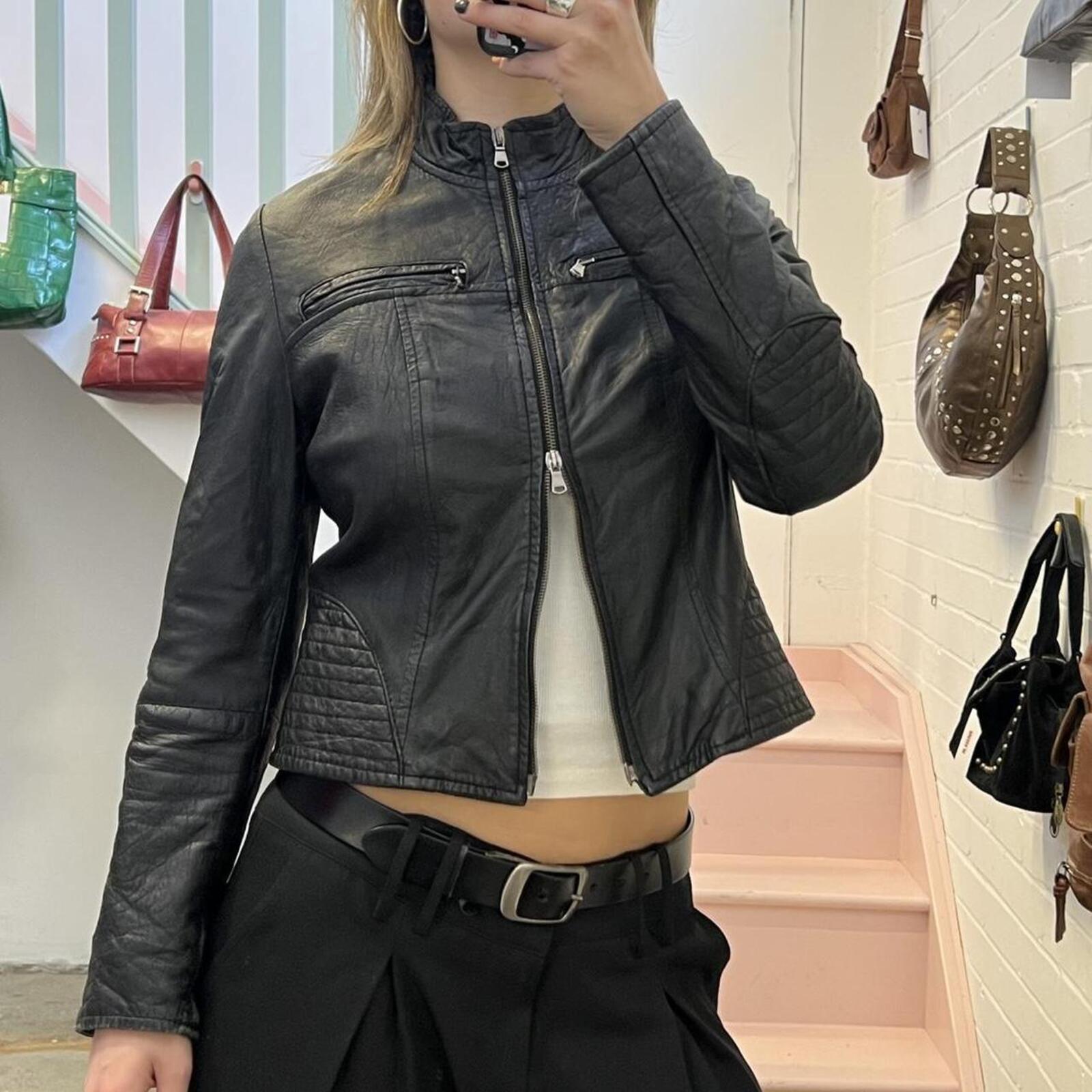 Black fitted zip up real leather vintage biker jacket with dual zip